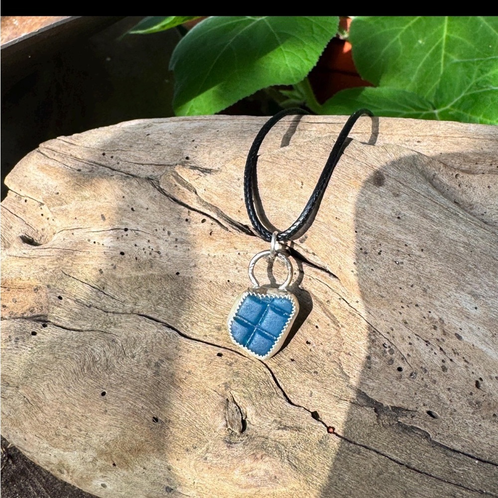 Textured cobalt blue Sea glass Handmade 995 silver soldered necklace beach boho